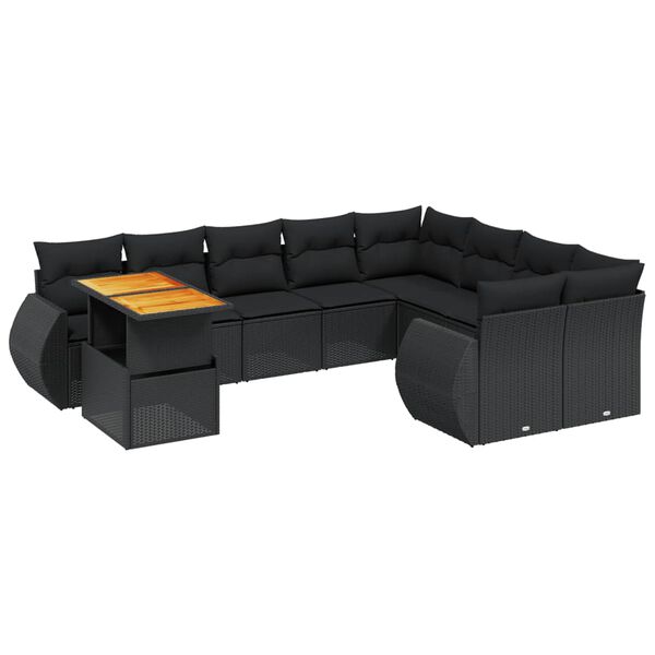vidaXL 10 Piece Garden Sofa Set with Cushions Black Poly Rattan