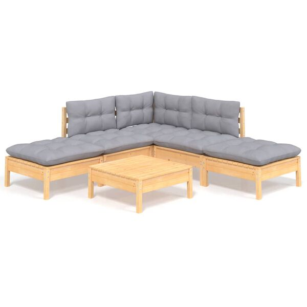 vidaXL 6 Piece Garden Lounge Set with Grey Cushions Pinewood