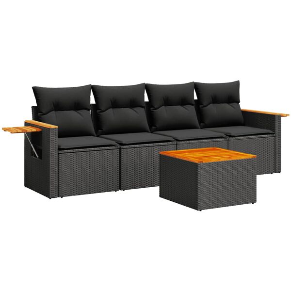 vidaXL 5 Piece Garden Sofa Set with Cushions Black Poly Rattan