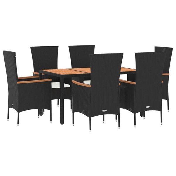 vidaXL 7 Piece Garden Dining Set with Cushions Black Poly Rattan