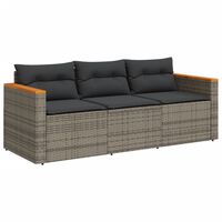 vidaXL Garden Sofa with Cushions 3-Seater Grey Poly Rattan