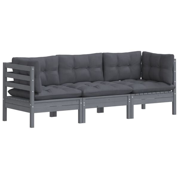 vidaXL 3-Seater Garden Sofa with Anthracite Cushions Solid Pinewood