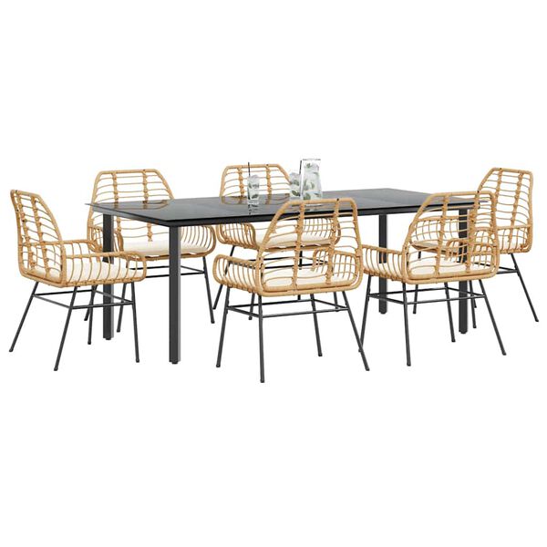vidaXL 7 Piece Garden Dining Set with Cushions Brown Poly Rattan Glass