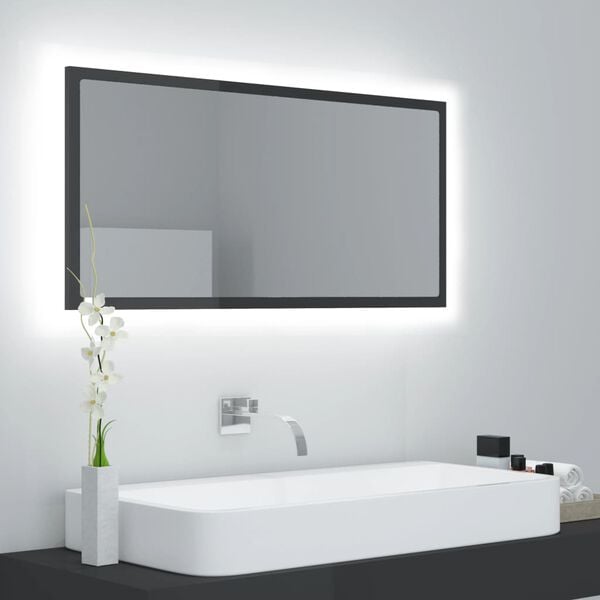 vidaXL LED Bathroom Mirror High Gloss Grey 90x8.5x37 cm Acrylic