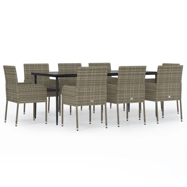 vidaXL 9 Piece Garden Dining Set with Cushions Black and Grey Poly Rattan