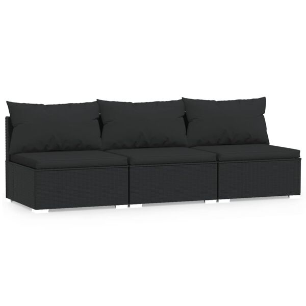 vidaXL 3-Seater Sofa with Cushions Black Poly Rattan