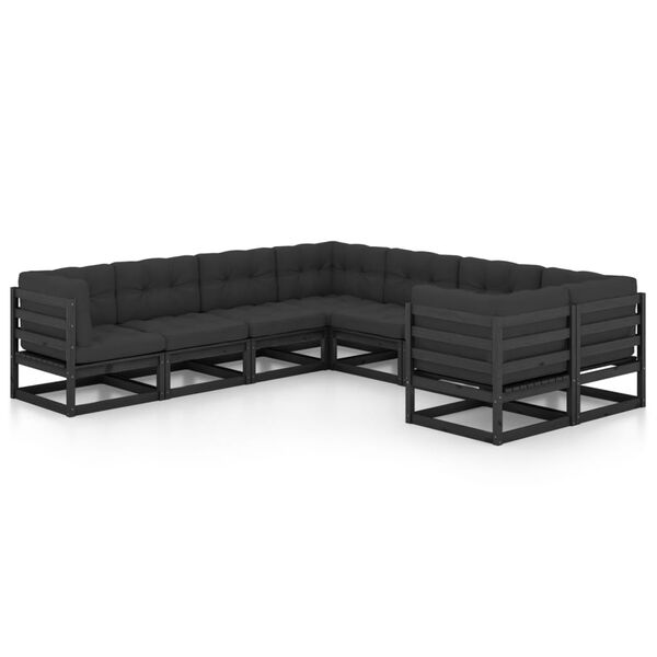 vidaXL 8 Piece Garden Lounge Set with Cushions Black Solid Pinewood