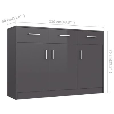 vidaXL Sideboard High Gloss Grey 110x30x75 cm Engineered Wood