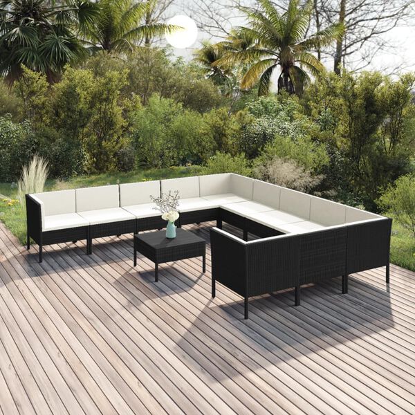 vidaXL 12 Piece Garden Lounge Set with Cushions Poly Rattan Black