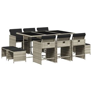 vidaXL 11 Piece Garden Dining Set with Cushions Light Grey Poly Rattan