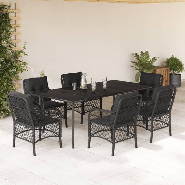 vidaXL 7 Piece Garden Dining Set with Cushions Black Poly Rattan