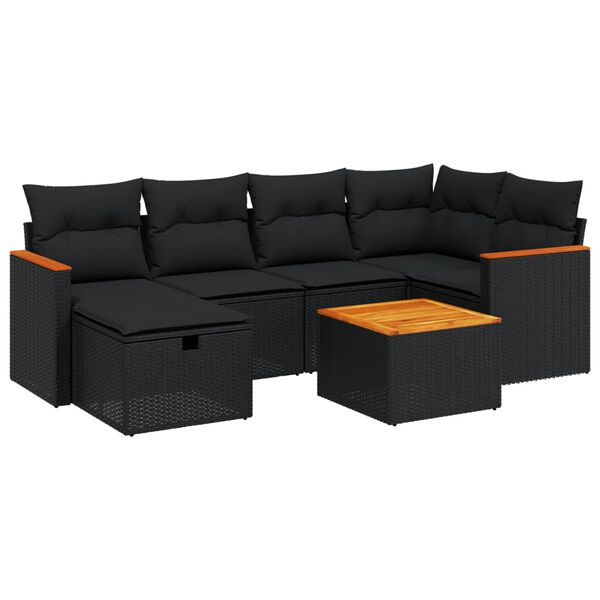 vidaXL 7 Piece Garden Sofa Set with Cushions Black Poly Rattan