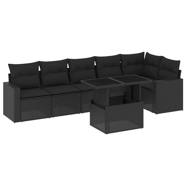 vidaXL 7 Piece Garden Sofa Set with Cushions Black Poly Rattan