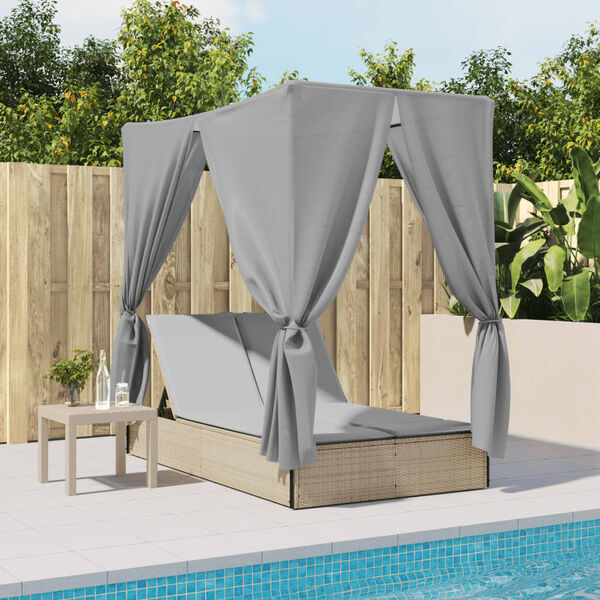 vidaXL Double Sun Lounger with Roof and Curtains Beige Poly Rattan