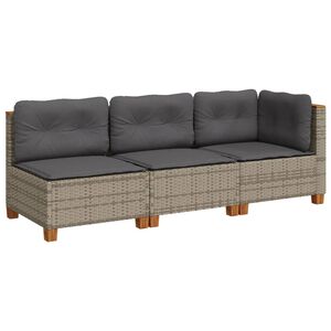 vidaXL Garden Sofa with Cushions 3-Seater Grey Poly Rattan