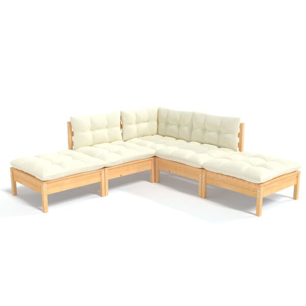 vidaXL 5 Piece Garden Lounge Set with Cream Cushions Pinewood