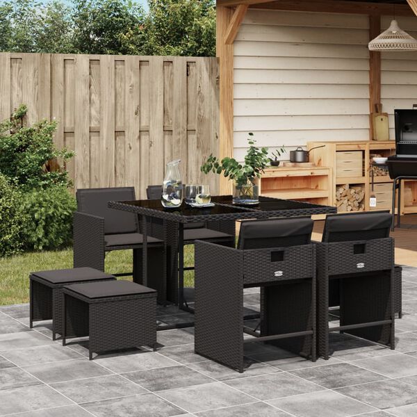 vidaXL 9 Piece Garden Dining Set with Cushions Black Poly Rattan
