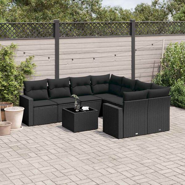 vidaXL 9 Piece Garden Sofa Set with Cushions Black Poly Rattan