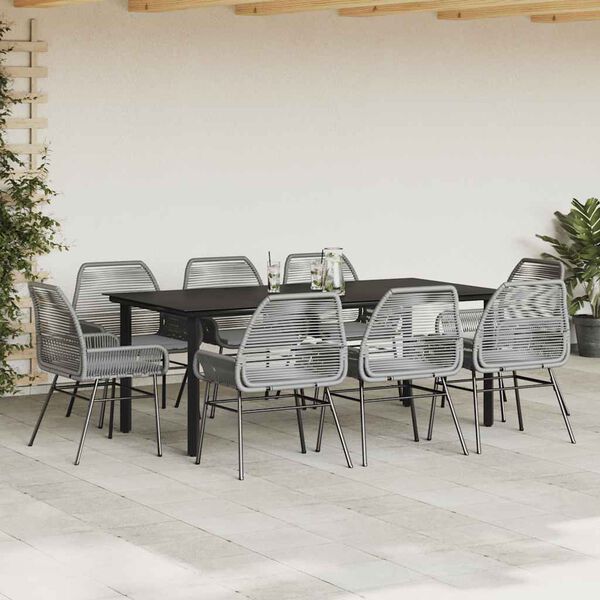 vidaXL 9 Piece Garden Dining Set with Cushions Grey Poly Rattan Glass