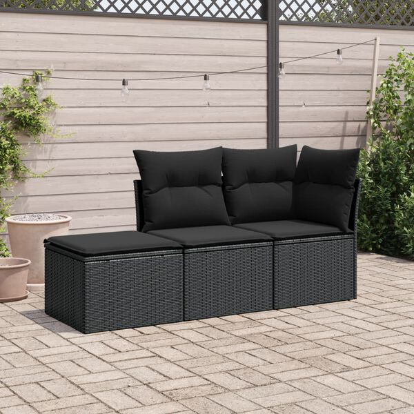 vidaXL 3 Piece Garden Sofa Set with Cushions Black Poly Rattan