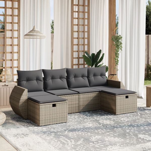 vidaXL 6 Piece Garden Sofa Set with Cushions Grey Poly Rattan