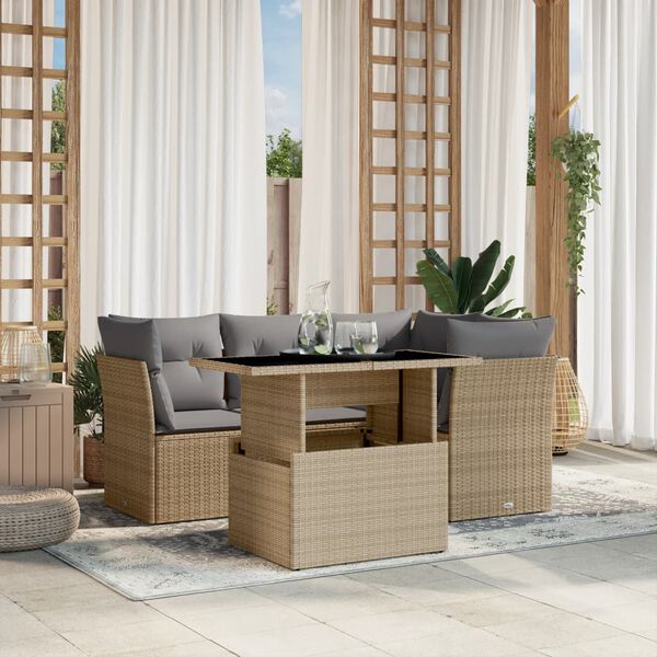 vidaXL 5 Piece Garden Sofa Set with Cushions Beige Poly Rattan