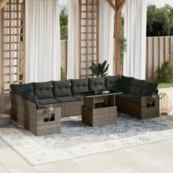 vidaXL 11 Piece Garden Sofa Set with Cushions Grey Poly Rattan