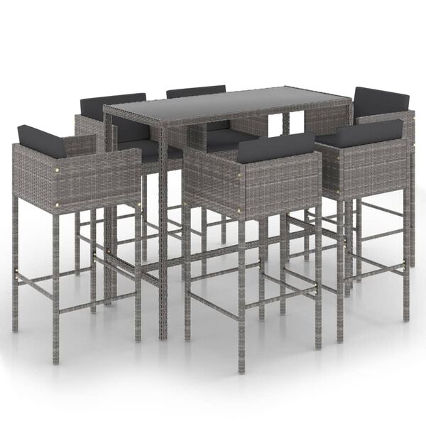 vidaXL 7 Piece Garden Bar Set with Cushions Poly Rattan Grey