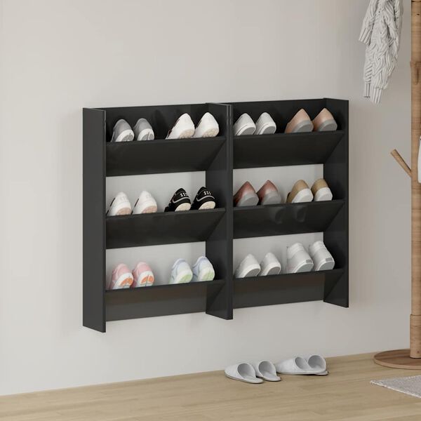 vidaXL Wall Shoe Cabinets 2 pcs High Gloss Black 60x18x90cm Engineered Wood