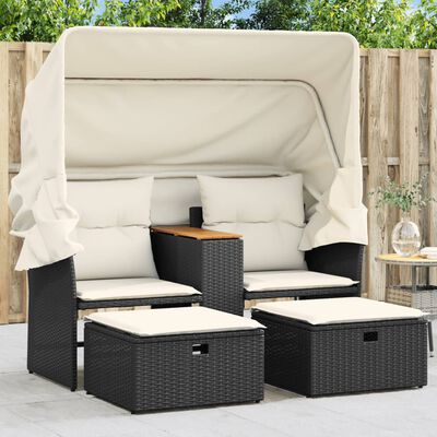vidaXL Garden Sofa 2-Seater with Canopy and Stools Black Poly Rattan