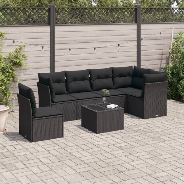 vidaXL 7 Piece Garden Sofa Set with Cushions Black Poly Rattan
