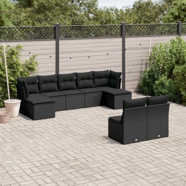vidaXL 9 Piece Garden Sofa Set with Cushions Black Poly Rattan