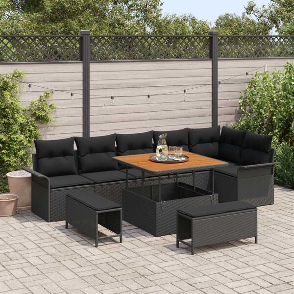 vidaXL Garden Sofa Set with Cushion 9 pcs Black Poly Rattan