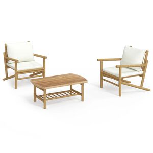vidaXL 3 Piece Garden Lounge Set with Cream White Cushions Bamboo