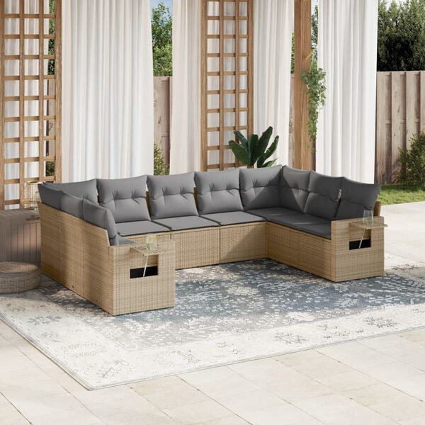 vidaXL 9 Piece Garden Sofa Set with Cushions Beige Poly Rattan