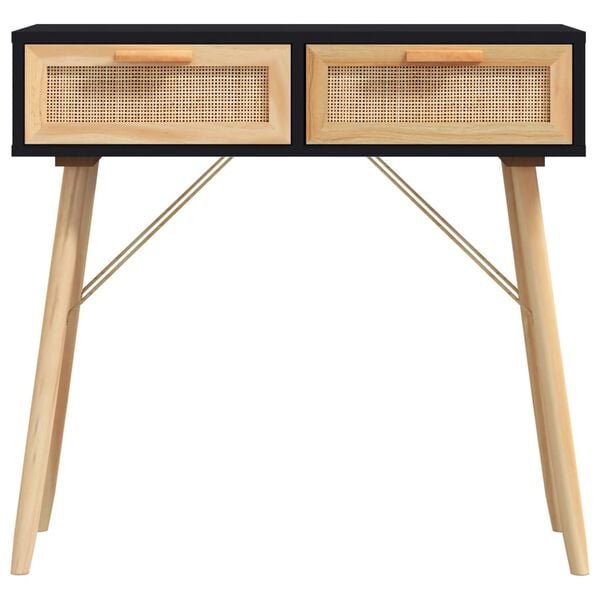 vidaXL Console Table Black 80x30x75 cm Solid Wood Pine&Natural Rattan
