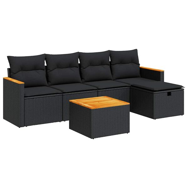 vidaXL 6 Piece Garden Sofa Set with Cushions Black Poly Rattan