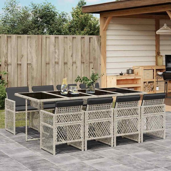 vidaXL 9 Piece Garden Dining Set with Cushions Light Grey Poly Rattan