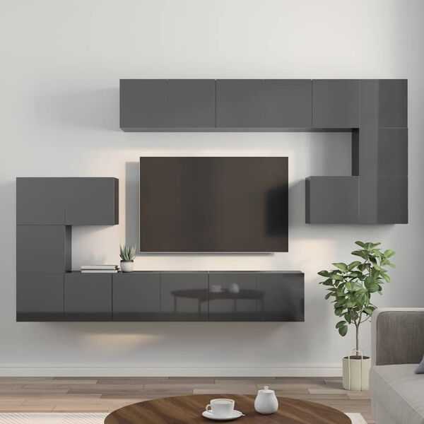 vidaXL 10 Piece TV Cabinet Set High Gloss Grey Engineered Wood