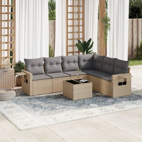 vidaXL 7 Piece Garden Sofa Set with Cushions Beige Poly Rattan