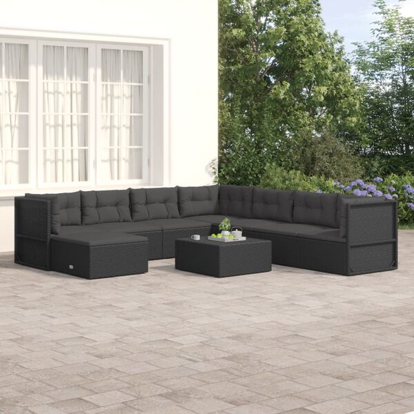 vidaXL 8 Piece Garden Lounge Set with Cushions Black Poly Rattan