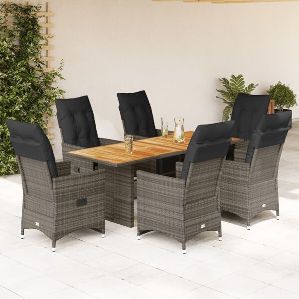 vidaXL 7 Piece Garden Bistro Set with Cushions Grey Poly Rattan