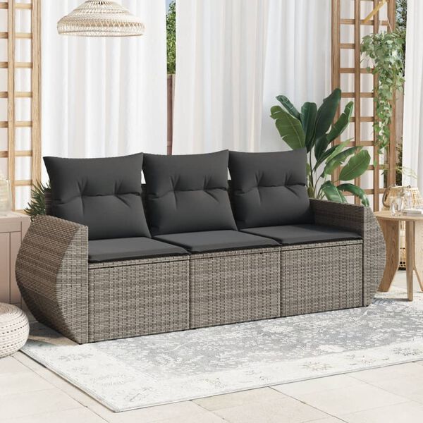 vidaXL 3 Piece Garden Sofa Set with Cushions Grey Poly Rattan