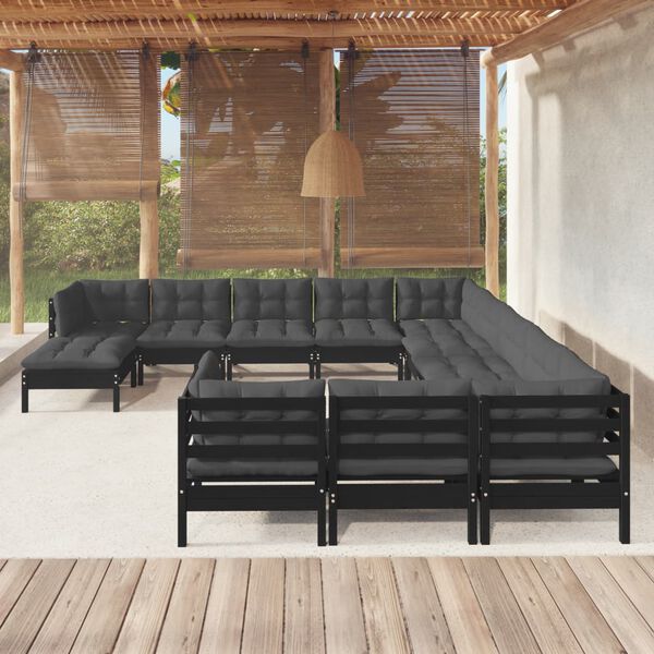 vidaXL 12 Piece Garden Lounge Set with Cushions Black Pinewood