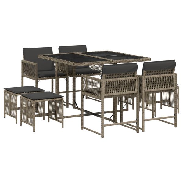 vidaXL 9 Piece Garden Dining Set with Cushions Grey Poly Rattan
