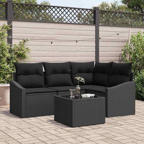 vidaXL Sofa Set with Cushion 5 pcs Black Poly Rattan