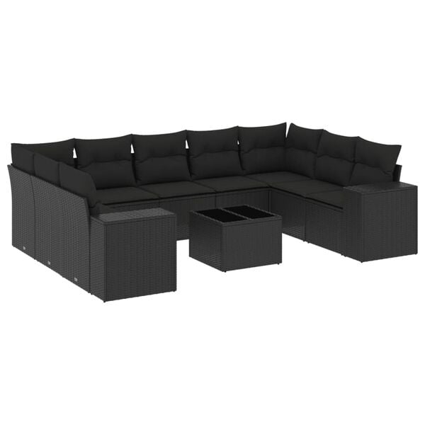 vidaXL 10 Piece Garden Sofa Set with Cushions Black Poly Rattan