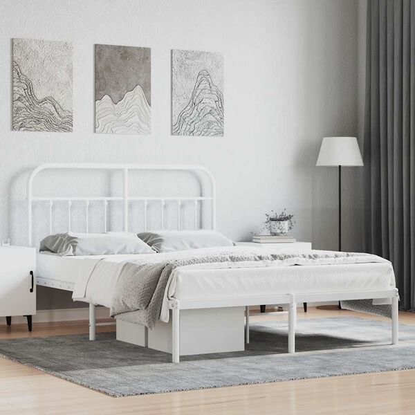 vidaXL Metal Bed Frame without Mattress with Headboard White 135x190cm