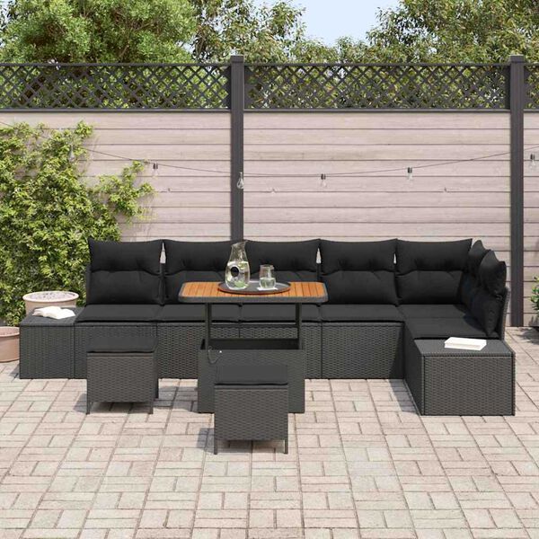 vidaXL Garden Sofa Set with Cushion 9 pcs Black Poly rattan