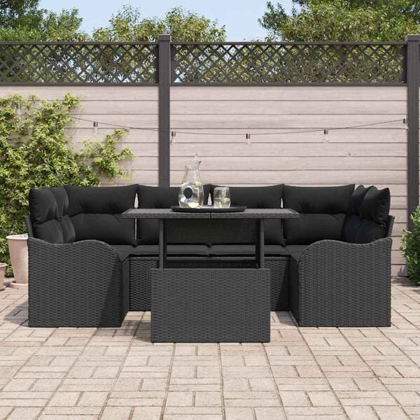 vidaXL Garden Sofa Set with Cushion 7 pcs Black Poly Rattan